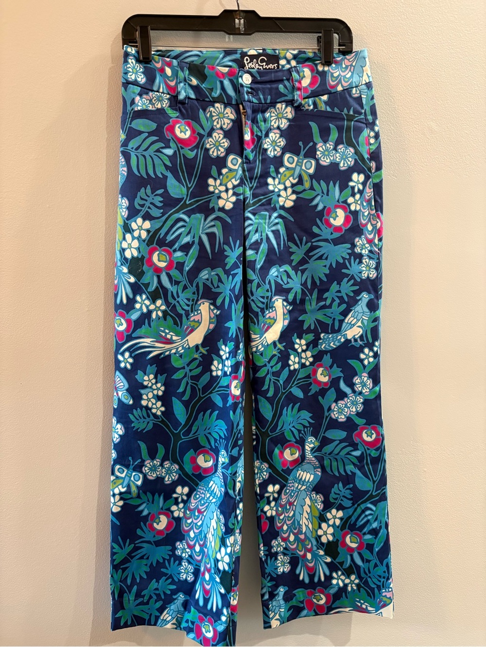 Lesley Evers Navy Floral & Teal Bird Print Pants Size Small